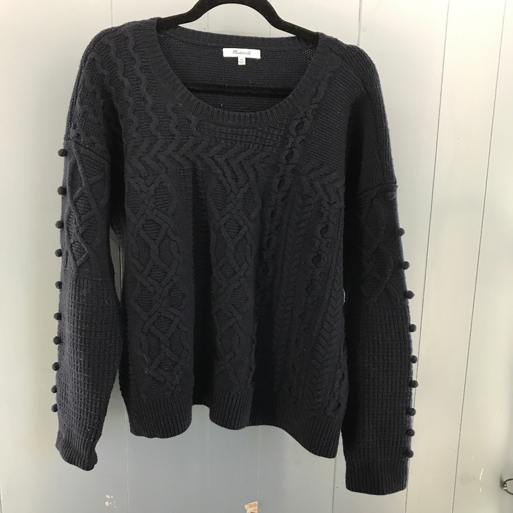 Madewell navy cable knit with pom pom sleeves sweater 100% merino wool size XL